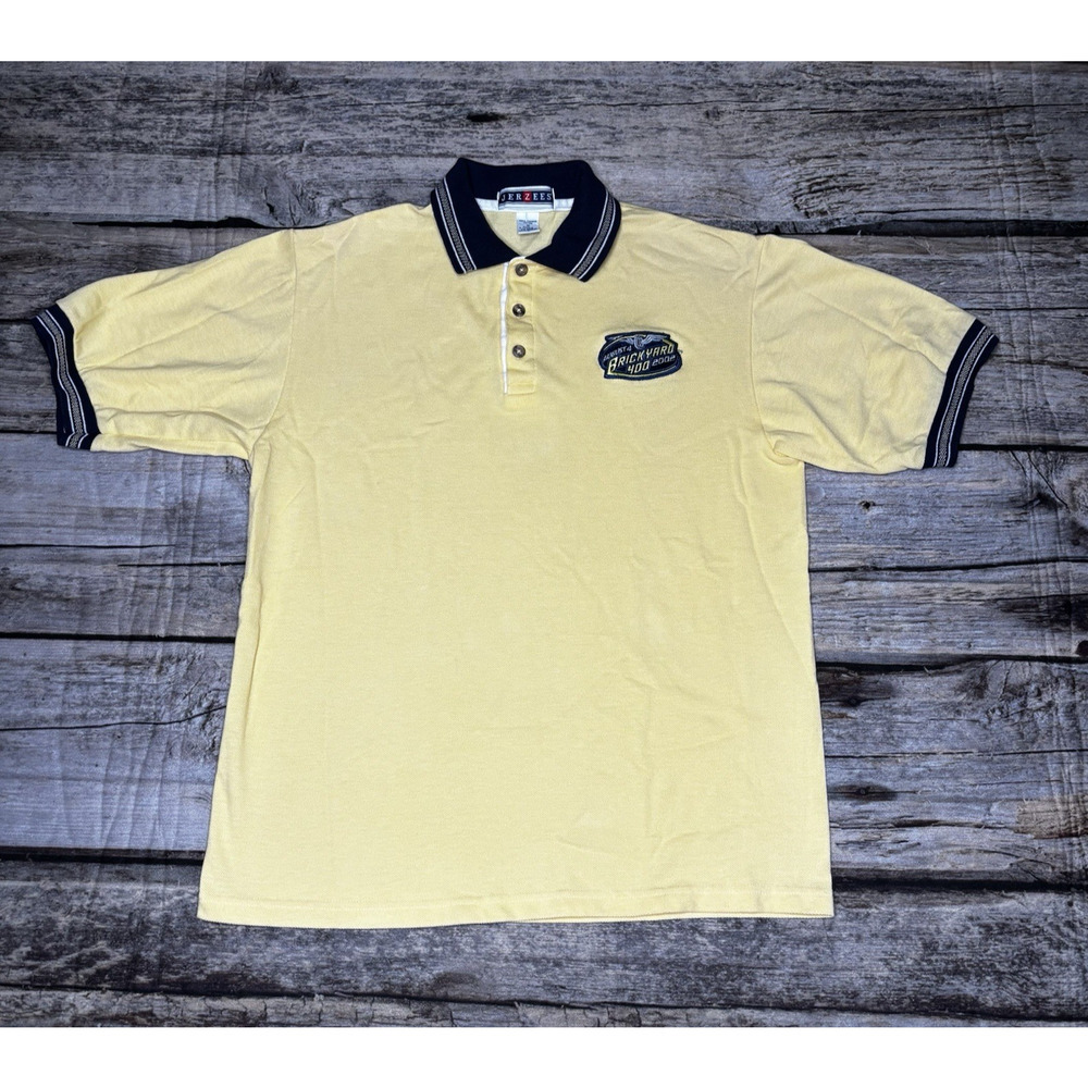 Y2K Brickyard 400 Polo Shirt Mens Medium Yellow NASCAR Racing Jerzees Cotton